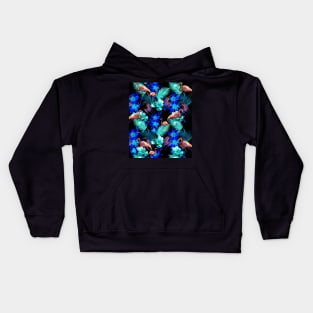 Flamingo Palm, Blue Flowers, Black Kids Hoodie